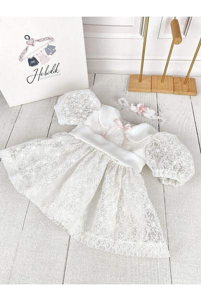 Hobidik Baby Girl Tulle Embroidered Belted Pink Bow Vintage White Dress
