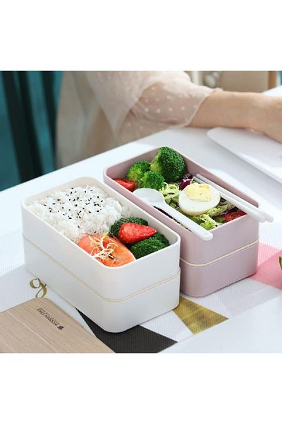 Homchen 2-tier Lunch Box, Plastic, Pink, 18.5 X 10.5 X 9.2 Cm