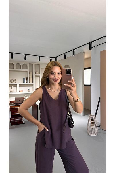 Sezgi Tekin V-Neck Blouse Loose Trousers Plum Modal Set