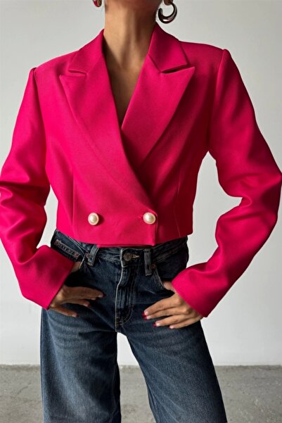 magic special Ekşi̇oğlu Global Crop Jacket with Pearl Button Detail on the Back - Fuchsia