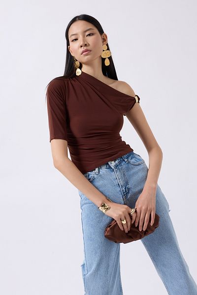 Black Fashion Accessory Detail Cutout Brown Blouse