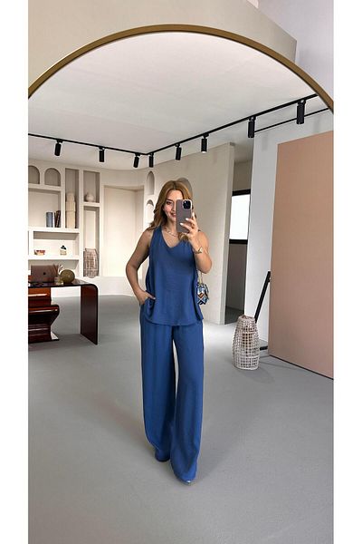 Sezgi Tekin V-Neck Blouse Loose Pants Indigo Modal Set