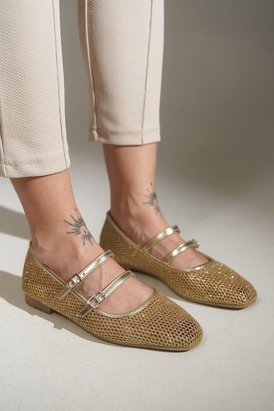 lovitto Women's Tape Buckle Detailed Leather Mesh Gold Ballerinas