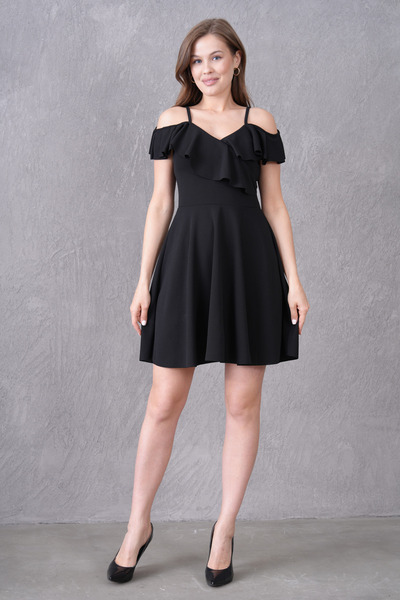 lovebox Black Mini Dress with Stretchy Crepe Fabric - Thin Straps and Flywheel Detail 077