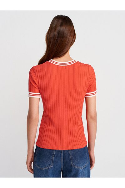 Dilvin 10765 Crew Neck Striped Knitwear Blouse-Red-E.