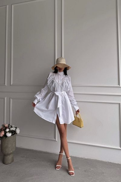 Silerra ROCHIE POPLIN CU BUTONI IN FATA CU DETALIE CUREA - Alb