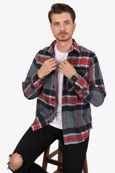 Etikmen Ανδρικό πουκάμισο Mountain Grey Red Stripes Oversize Lumberjack