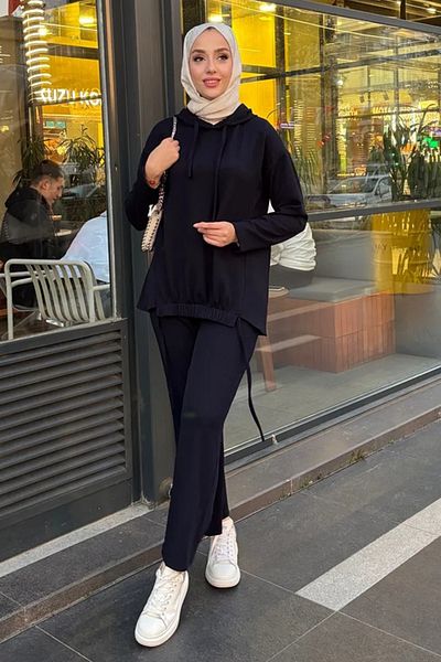 Tesettür Diyarı Navy Blue Corded Hooded Women's Double Suit