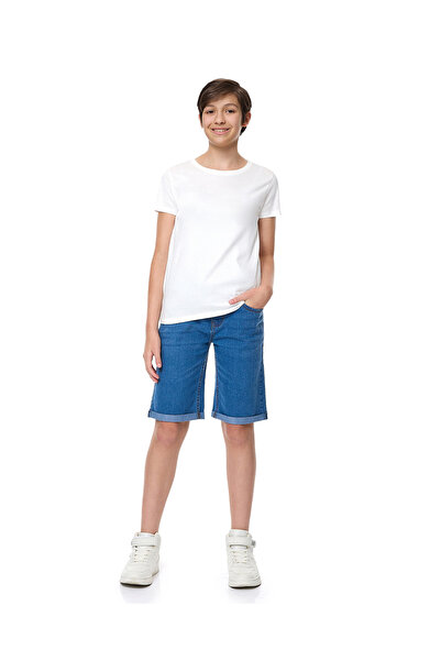 R&B Washed Denim Shorts with Button Closure
