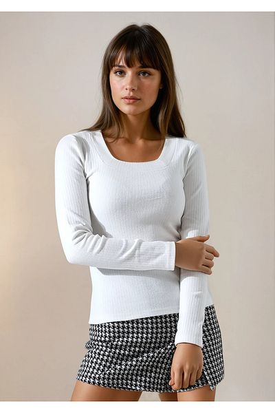 MAYELN Women's White Square Neck Ribbed Knitwear Blouse – Long Sleeve