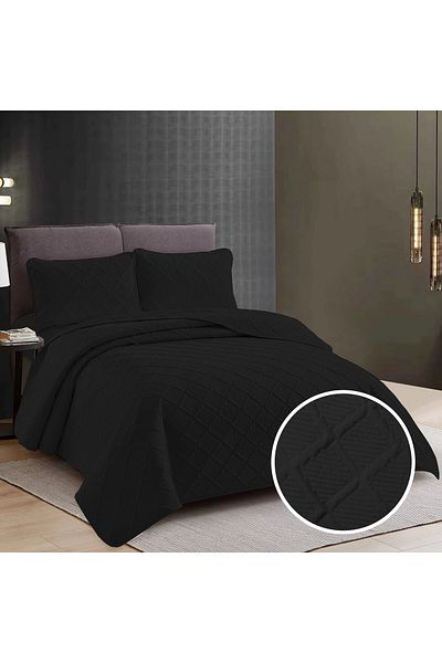 Pucioasa Plain Bedspread + 2 Pillowcases - Black