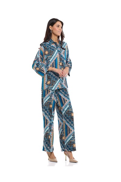 R&B بنطلون واسع الساق منقوش مع خصر برباط