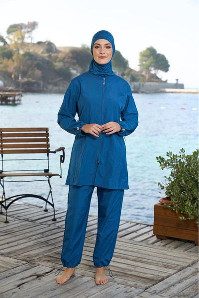 Estiva Plain Sleeve Leg Elastic Zipper Fully Closed Hijab Swimsuit