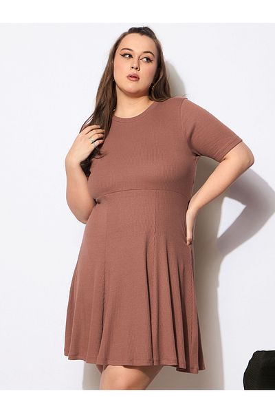 Sassafras By Styli Plus Size Ribbed Round Neck Knee Length Dress