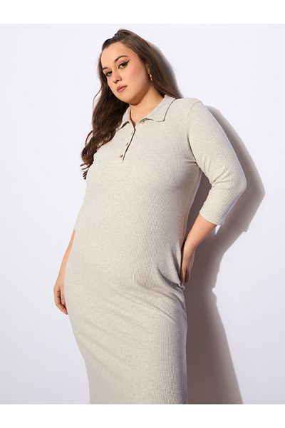 Sassafras By Styli Plus Size Melange Front Button Midi Dress