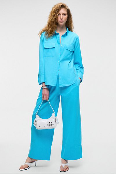 GRIMELANGE Rigo Women Shirt Collar Long Sleeve Regular Long Slim Blue Shirt