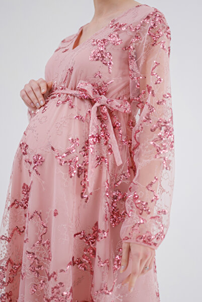 Desen Hamile Giyim Tül Üzeri Pul Payet İşlemeli Hamile Abiye Elbise