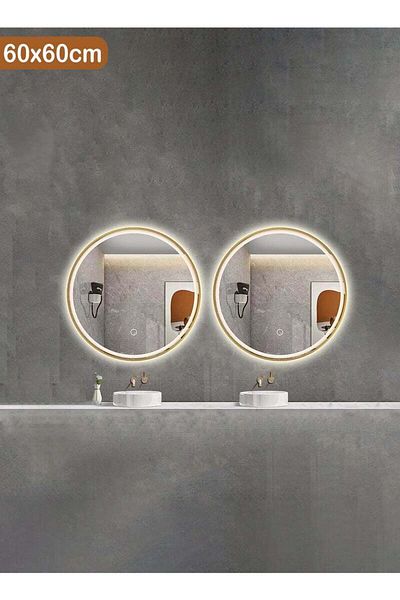 Taimi Set of 2 Round Mirrors with Gold Aluminum Frame and 3-Color LED Touch Front Light for Bathroom 60cm