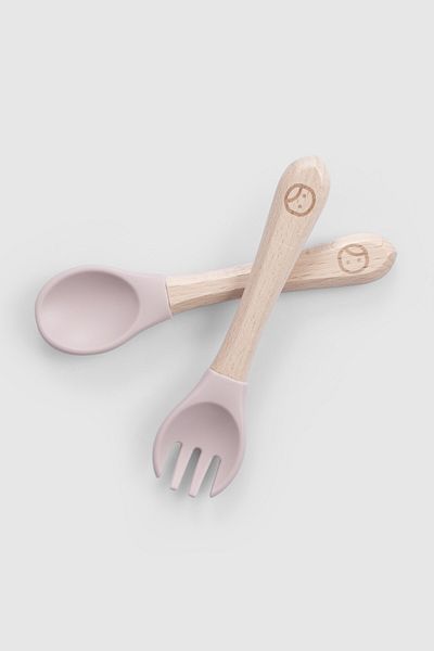 Little Gusto Pink Silicone Fork Spoon Set with Bamboo Handle