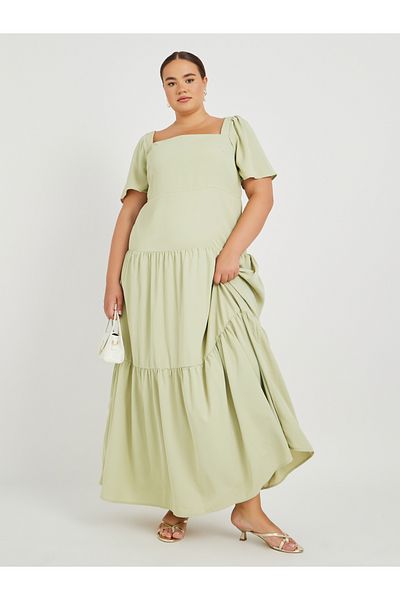 Styli Plus Size Puff Sleeve Square Neck Tiered Maxi Dress