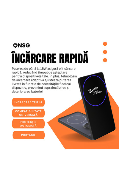 Prio Încărcător wireless 3 în 1, încărcător magnetic, USB-C inclus 1,2 m, negru