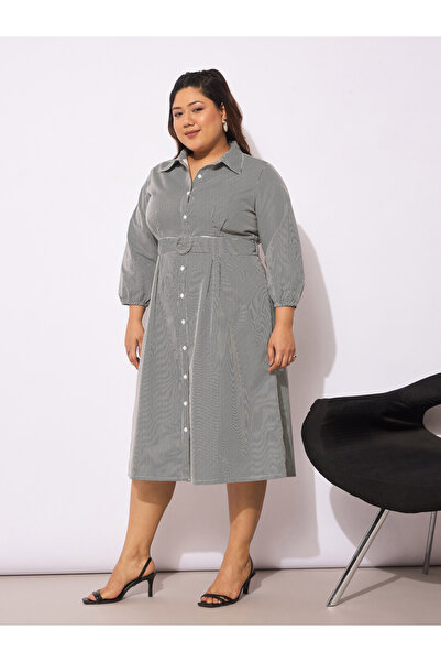 Sassafras By Styli Plus Size Striped Belted Midi Shirt Dress