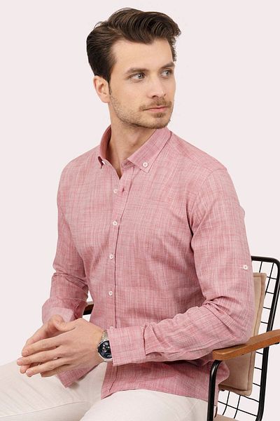 Etikmen Λινό Slimfit Ανδρικό πουκάμισο - Cherry γιακά, Κουμπωτό, Κουτί δώρου