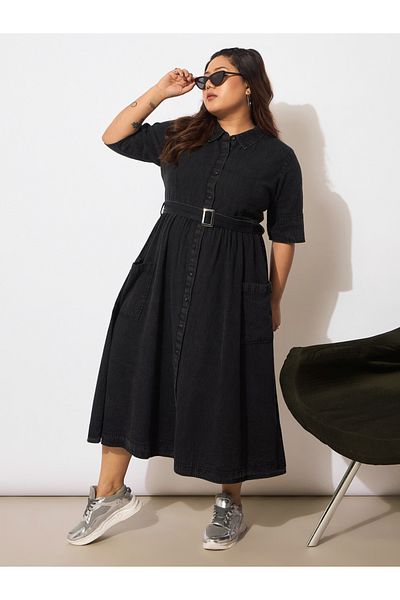 Sassafras By Styli Plus Size Collared Buttoned Midi Dress with Belt