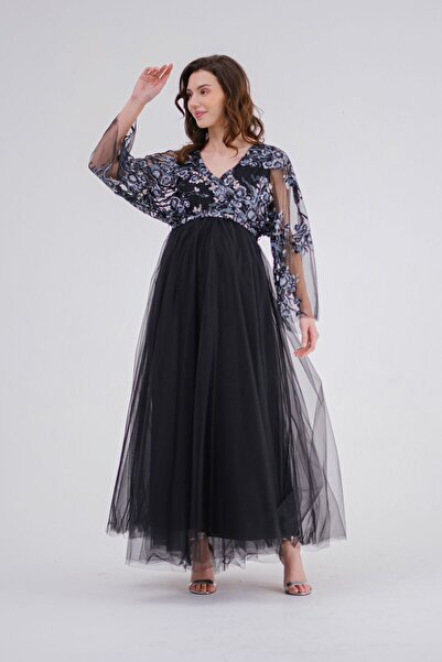 Desen Hamile Giyim Siyah İşleme Tüllü Abiye Hamile Elbise