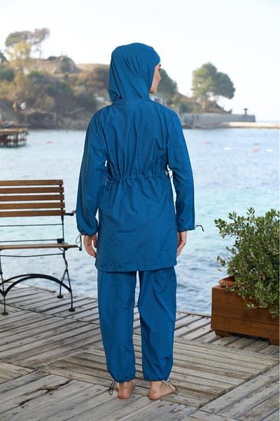 Estiva Plain Sleeve Leg Elastic Zipper Fully Closed Hijab Swimsuit