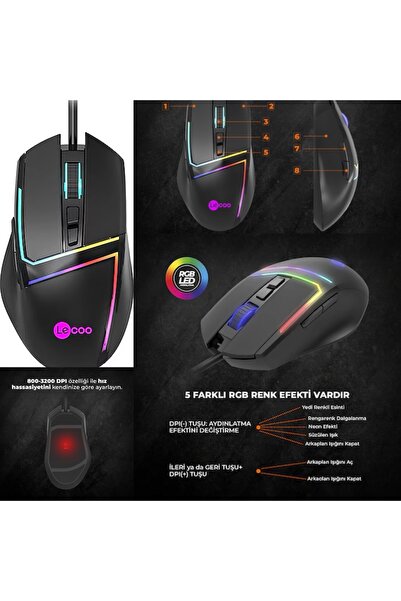 LENOVO Lecoo Ms106 Gaming Mouse Usb Kablolu 3200dpı 7 Tuşlu Rgb Aydınlatmalı