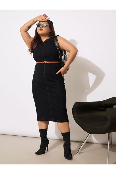 Sassafras By Styli Plus Size Denim Sleeveless Belted Bodycon Midi Dress