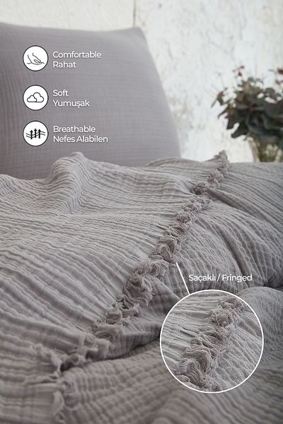 Evlen Home Collection 100% Cotton Muslin Bedspread Set Single 4 Layers Soft Muslin Pique Set Blanket Gray