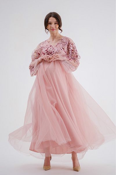 Desen Hamile Giyim Pink Embroidery Tulle Evening Dress Maternity Dress