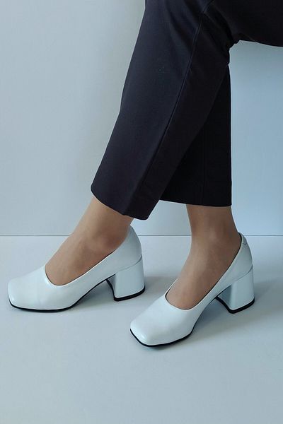ERS Air Comfort Women's White Genuine Leather Classic Heeled Shoes Blunt Toe Simple Stylish