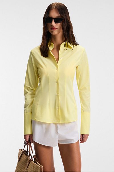 GRIMELANGE Papilus Women's Regular 100% Organic Cotton Slim Long Shirt Collar Long Sleeve Yellow Shirt