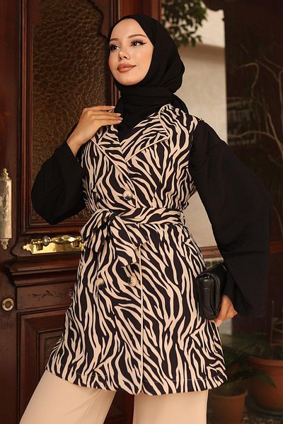 Modamihram Zebra Patterned Double Suit Beige 19255