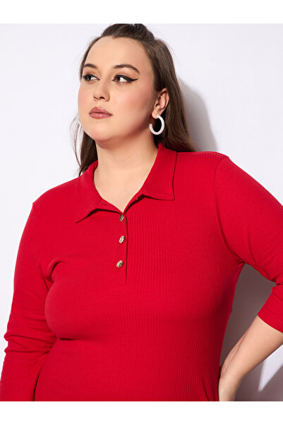 Sassafras By Styli Plus Size Solid Rib Polo Neck Front Button Midi Dress