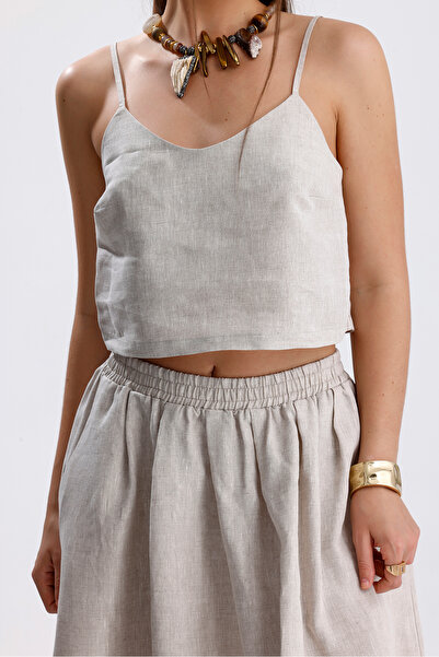 COLLECTİON Desil 100% Linen Crop Top Flared Skirt Double Set
