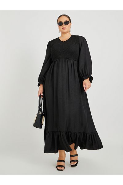 Styli Plus Size Solid Long Sleeves Smocked A-Line Maxi Dress