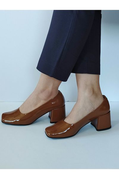 ERS Air Comfort Women's Tan Patent Leather Genuine Leather Classic Heeled Shoes Blunt Toe Simple Stylish