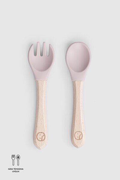 Little Gusto Bambu Saplı Pembe Silikon Çatal Kaşık Seti