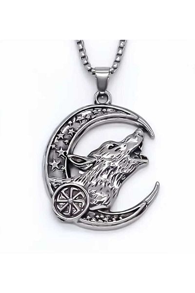 sarıyer silver Wolf and Crescent Moon Model Viking Themed Star Embroidered Antique Fantastic Vintage Design Steel Necklace