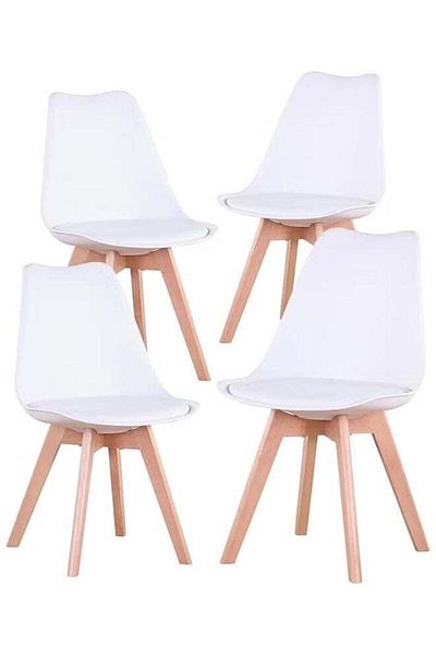 Taimi Pack of 4-Mid Century Modern Chair with Back Rest, Padded Seats and Solid Wood Legs, White