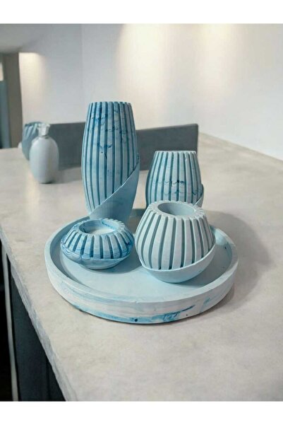 lambader Dekoratif Modern Desenli Vazo 5'Li Seti Ebruli Mavi