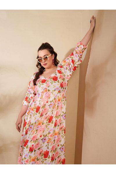 Sassafras By Styli Plus Size Floral Rouched Sleeves Midi Dress