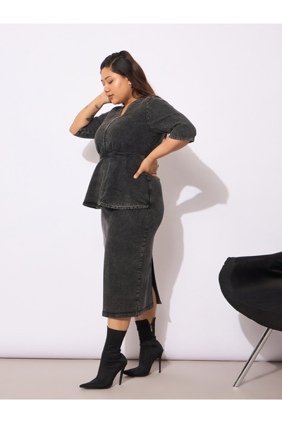 Sassafras By Styli Plus Size Denim V-Neck Front Peplum Dress