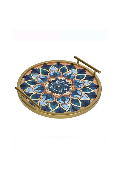 OEM Round Metallic Tray, Gold, Light Blue, Mandala Design, with Handles, 35cm