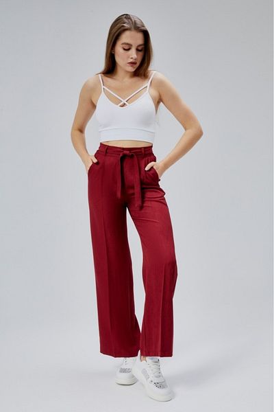 Jamila Linen Summer Women's Trousers with Elastic Waist and Belt