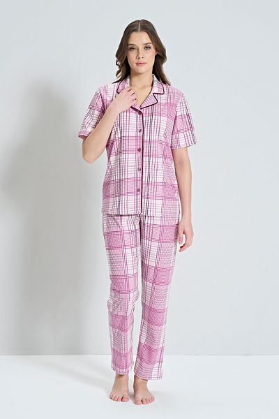Pijadore Women's Short Sleeve Front Buttoned Collar Line Detailed Pajama Set